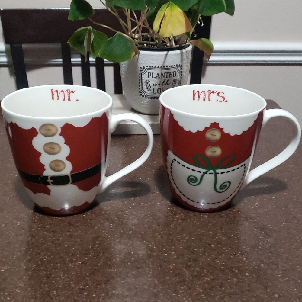 🌲Pfaltzgraff Mr. And Mrs Santa Claus Mugs 28oz Cups Christmas RedWhite Ceramic